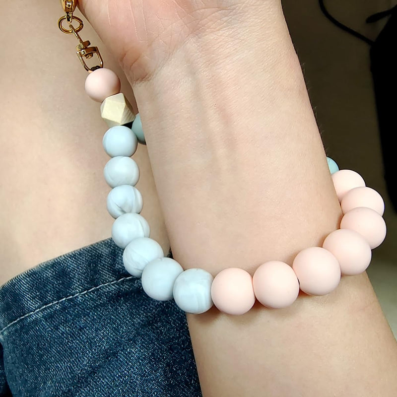 [Australia - AusPower] - Marble Silicone Beaded Phone Wrist Strap, Cellphone Lanyard with Tether Tab, Elastic Hands-Free Wristlet Bracelet Pink 