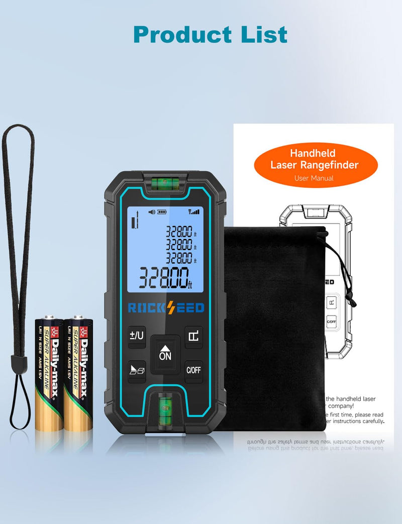Laser Measuring Tool 165 Feet, RockSeed Portable Laser Measure, Digital Distance Measurement with 2 Bubble Levels, Laser Tape Measure with 5 Units Conversion Red Laser 328ft