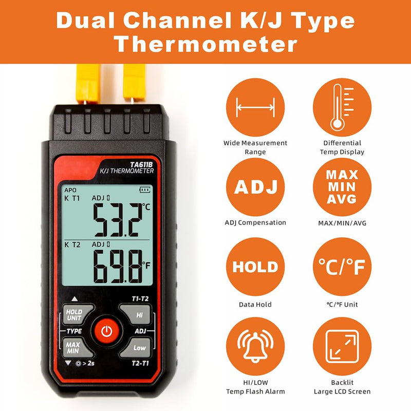 [Australia - AusPower] - Digital Thermocouple Thermometer Dual-Channel K/J Type Thermometer -328~2501℉ Wide Range Industrial HVAC Temperature Meter with 4PCS of K-Type Thermocouple Probes, Alarm,Temp Conpensation 