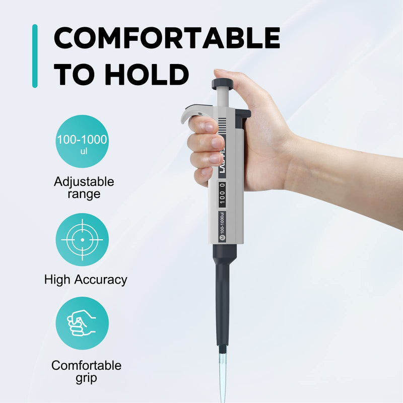 LAB FISH M100-1000ul Lab Pipette, 100-1000ul Adjustable Volume w/200 Tips | 100-1000ul range, 0.1ml increment, single channel, manual, includes 200 tips, for lab liquid transfer Single Channel Pipettor 100-1000ul Set