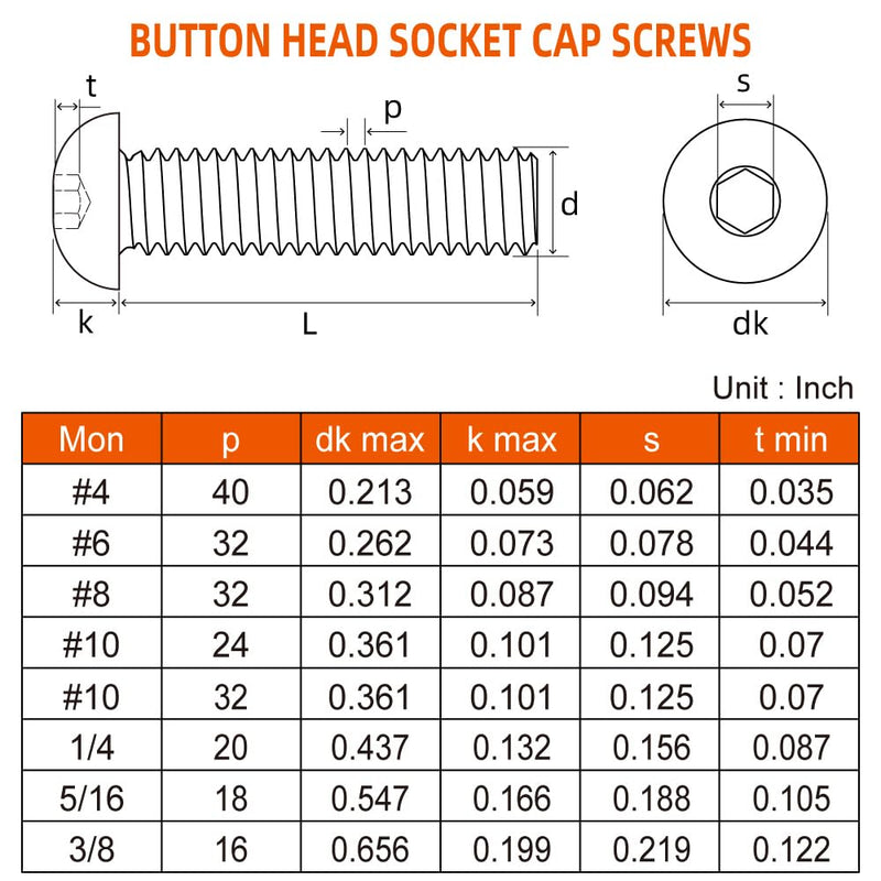 [Australia - AusPower] - 1/4-20 x 1/2" Button Head Socket Cap Screws, Allen Socket Drive, Black Oxide, Grade 10.9 Alloy Steel, Fully Threaded, 50 PCS 1/4-20 x 1/2" 