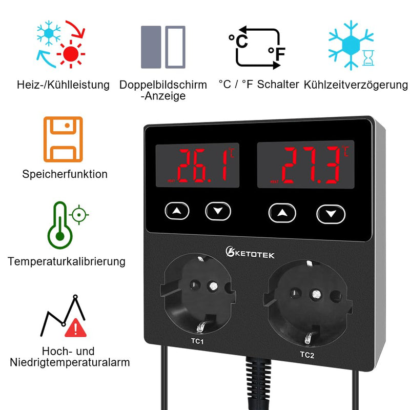 [Australia - AusPower] - KETOTEK KT99pro Dual Digital Temperature Controller Output 10A Relay Heating Cooling Thermostat Controlled Socket with Sensor for Reptile Brewing, Fermentation, Breeding, Incubation, Greenhouse 