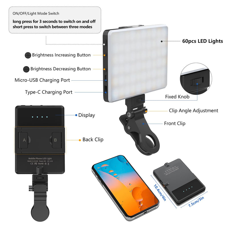 Selfie Light, Phone Light with Front & Back Clip, 60 LED Portable Light with 3 Modes, 5000mAh Rechargeable Video Light for Phone, iPhone, TikTok, Vlog Photographic Lighting Monolights(2 Pack) 2Pack Black