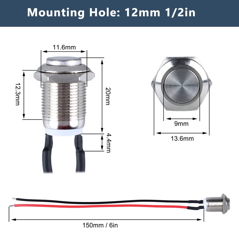 [Australia - AusPower] - 2-Pack 12mm Momentary Metal Waterproof Push Button Switch Raised Head 1/2" Mounting Hole with Pre-soldered Cable 250V 3A 1NO Momentary with Cable 