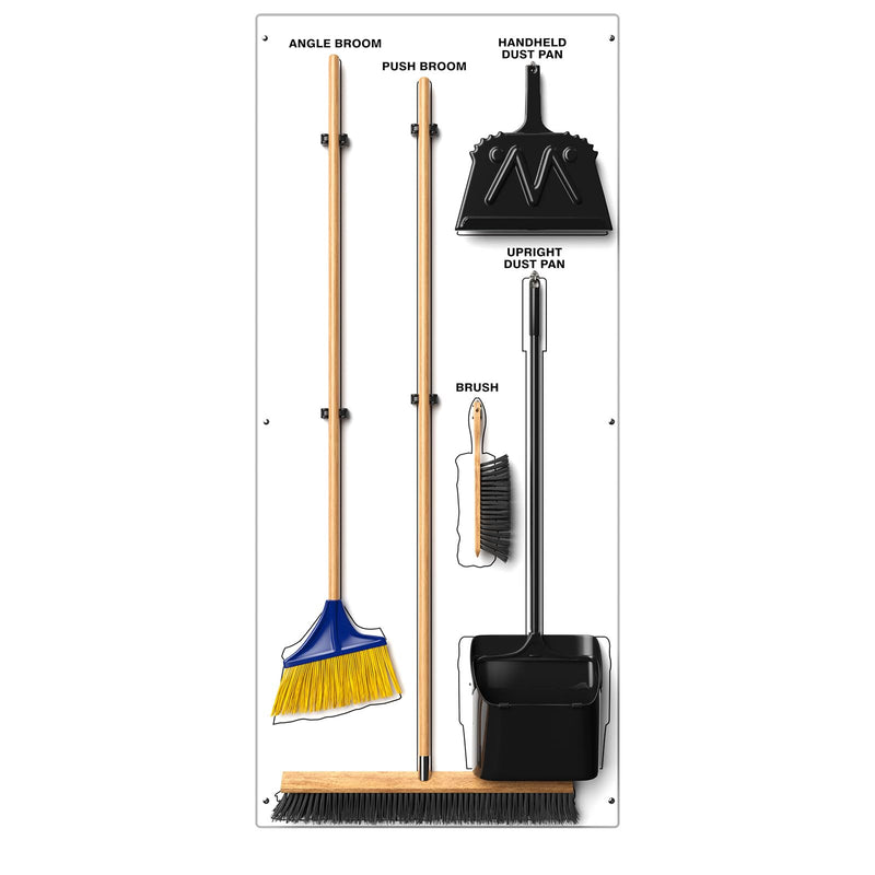 Clean & Sweep 5S Shadow Board/Wall Mount Broom Holder, 68" x 30" Board, 5S Cleaning Station - with Broom and Dustpan Set Included, Made in The USA by AccuformNMC, White/White, PSB716WTWT