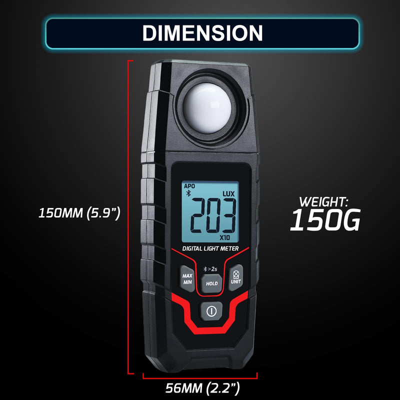 [Australia - AusPower] - Light Meter Wireless Lux Meter, 0.1~200,000 Lux Range Light Meter for Plants, Bluetooth Lux Meter Light Meter App Connection, Data Logging and Export, Backlight LCD Display for Plants, Photography 
