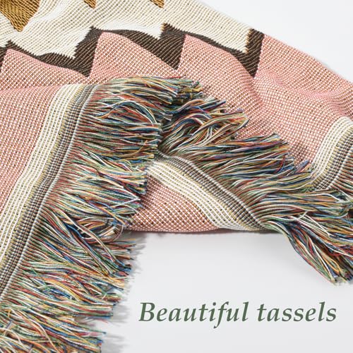 Snycler Boho Throw Blanket for Bed 50 * 60inch Woven Blanket Cotton Polyester Farmhouse Decor for Indoor Outdoor Sofa Bedroom Garden，All Season(Pink) Pink 50x60inch