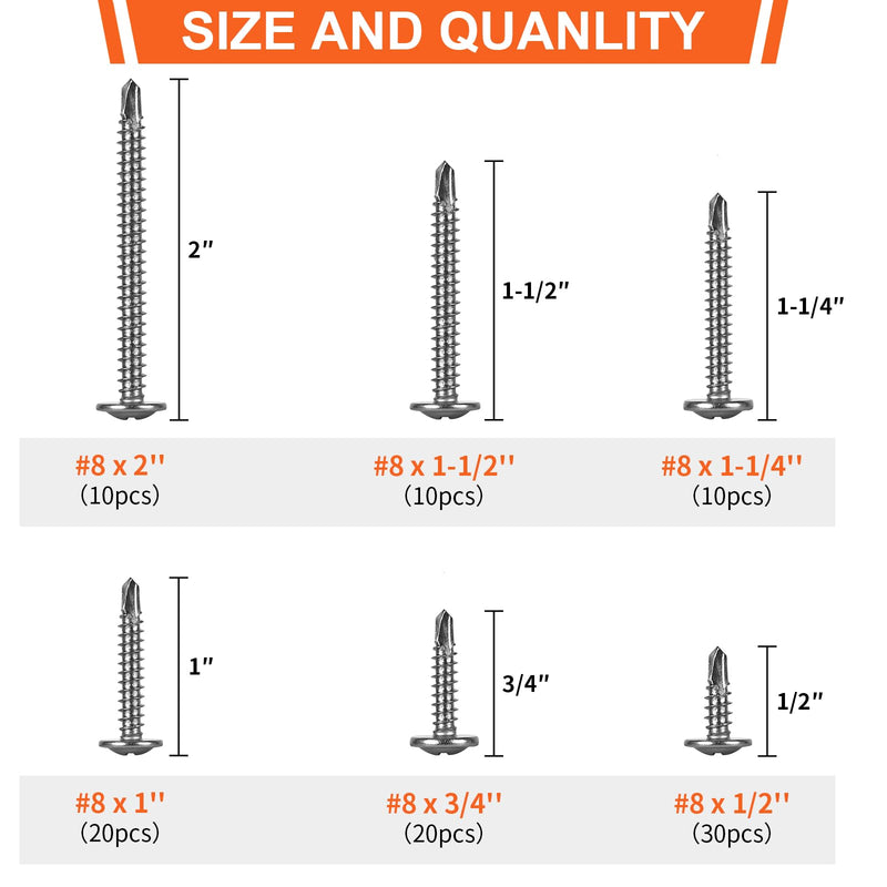 [Australia - AusPower] - 100pcs Premium #8 Self Tapping Screw Assortment Kit, 410 Stainless Steel Sheet Metal Screws, 8 x 1/2" - 2" Self Drilling Screws for Metal, Truss Head 