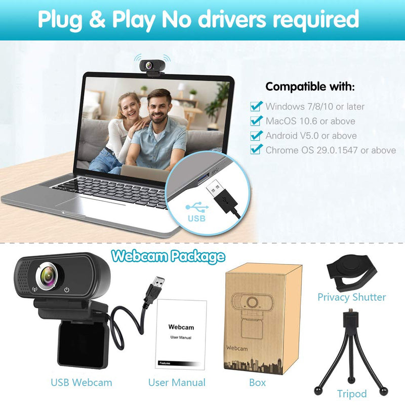 [Australia - AusPower] - Webcam HD 1080p ,Live Streaming Web Camera with Stereo Microphone, PC Desktop or Laptop USB Webcam with 110 Degree View Angle, HD Webcam for Video Calling, Recording, Conferencing, Streaming, Gaming Black 