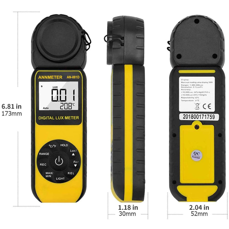 Digital Lux/Foot Candle Light Meter, AIOMEST Illuminance Lumen Tester 0.01~400,000 Lux, Handheld Luxometro AI-881D for LED Plant Grow Lighting, Luxmeter w/Data Logging & Rotatable Detector AI-881D (0.1~400,000Lux)
