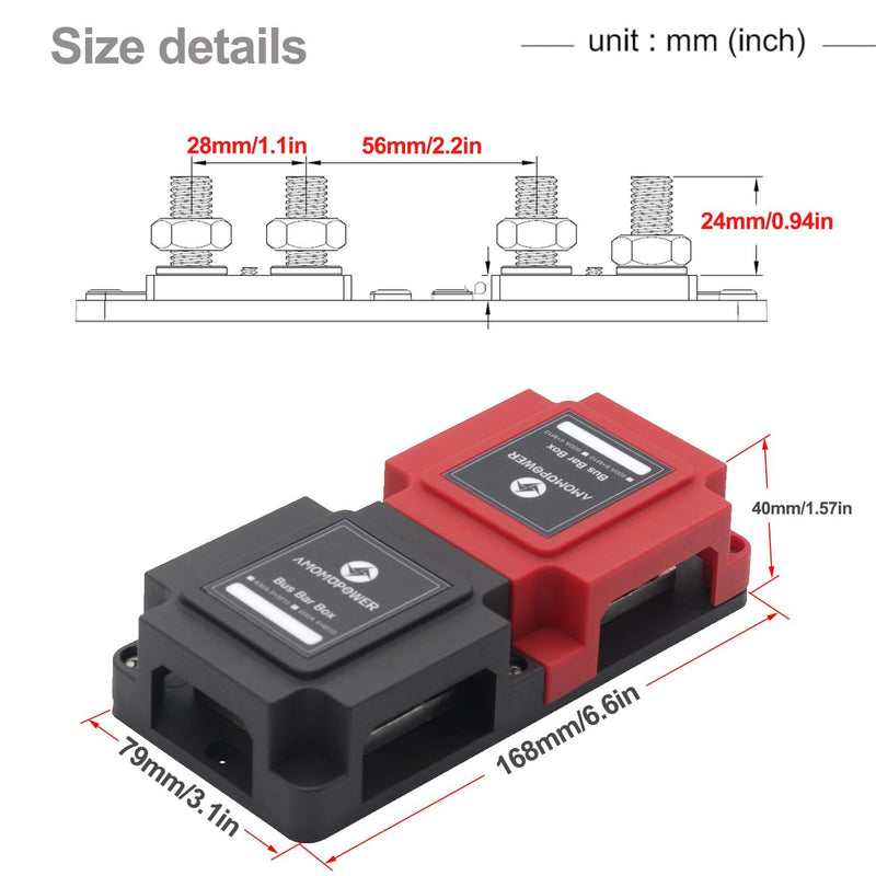 400A Power Distribution Bus Bar with 8 x 5/16" (M8) Studs | Heavy Duty Marine Battery Automotive Car Solar Wiring- Positive & Negative 12V- 48V DC 400A M8-Red&Black