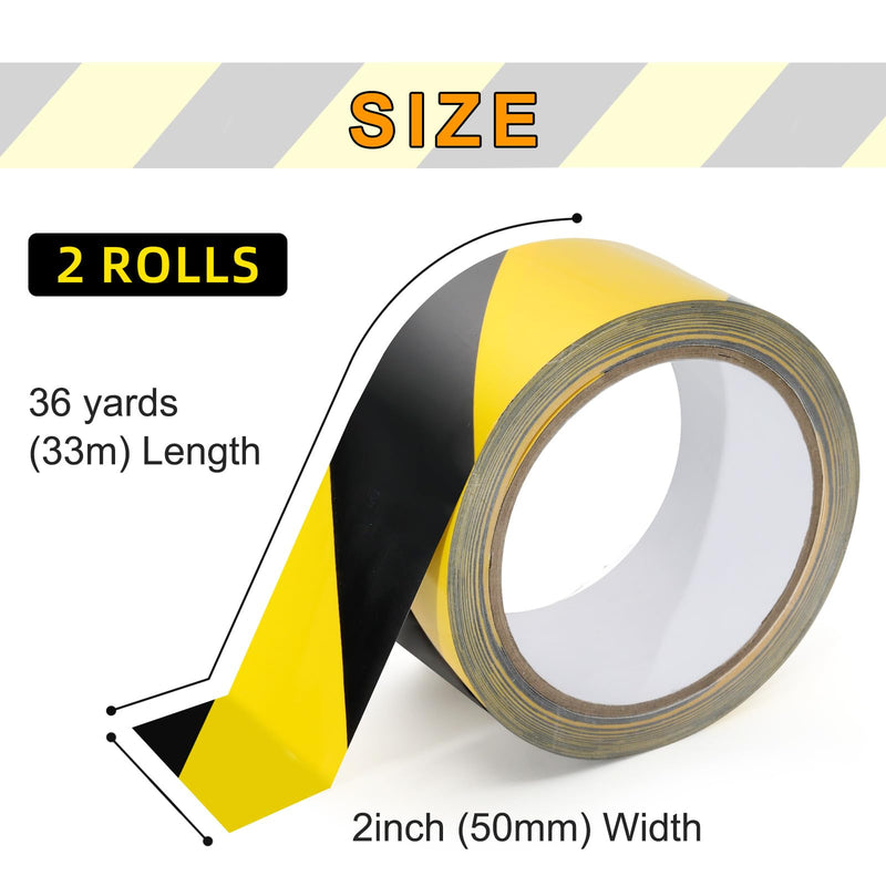 Hazard Warning Tape, Black & Yellow Safety Caution Tape - Strong Adhesive, No Residue, Flexible Hazard Tape for Securing Rugs, Carpets & Marking Hazards, 2 in x 110 FT,2 Rolls, Total 220 FT