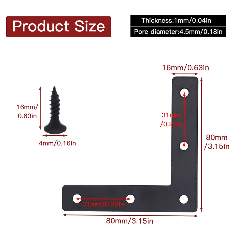 [Australia - AusPower] - 20pcs Black L Flat Shape Braces Corner Bracket, 80x80 mm Decorative Corner Brackets Mending Plate, Cold Rolled Steel 90 Dgree Angle Bracket for Wood Furniture Fixing Black 80x80 mm 