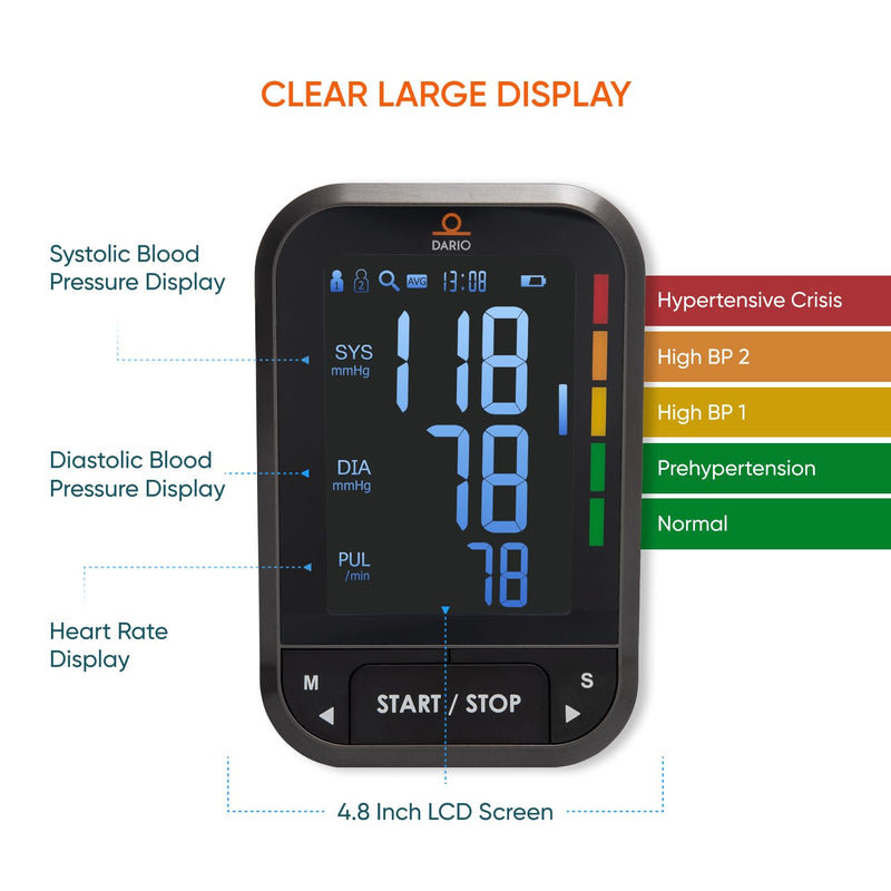 [Australia - AusPower] - Dario Blood Pressure Monitor for Home Use Gen2 Automatic Machine, LCD Backlit Display, Large Adjustable Arm Cuff (8.75-16.5in) Smart Bluetooth App & Carry Case 