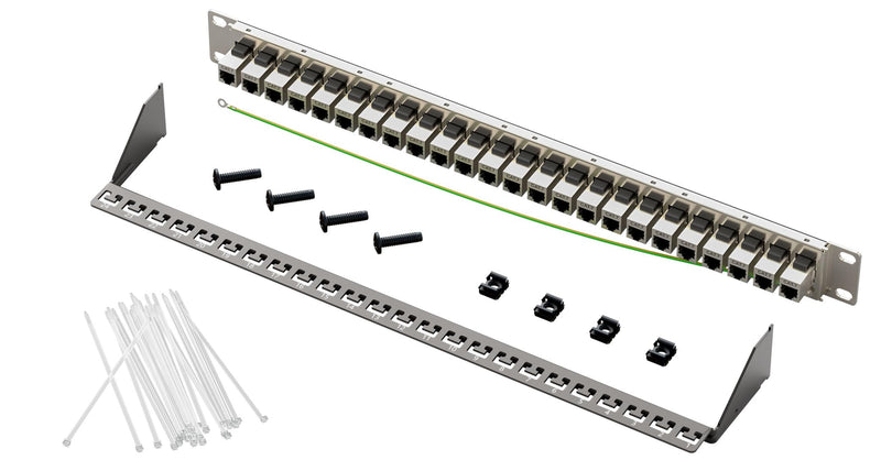 FGB 10Gbps Patch Panel 24 Port Cat7 with Shielded RJ45 Keystone Coupler 1U | 19" Rack Mount 10Gbps 600MHz STP Patch Panel with Backbar Network Patch Panel for Gigabit Network Switch Cat 7