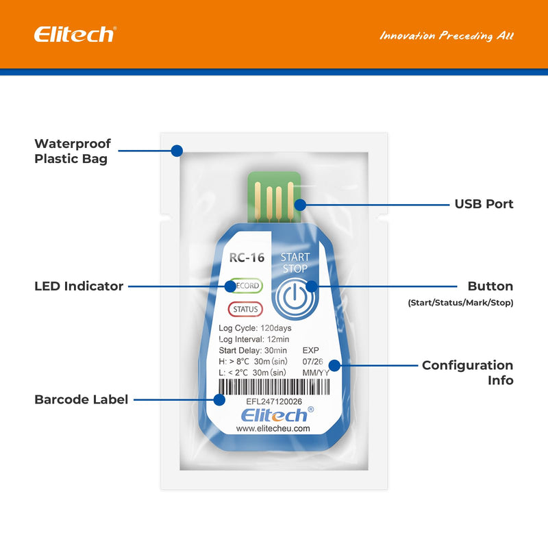 Elitech RC-16 Disposable USB Temperature Logger 120 Days Continuous Recording for Food, Medication & Vaccine Cold Chains, Alarm Function, IP67 Water Protection, Adjustable Parameters 1
