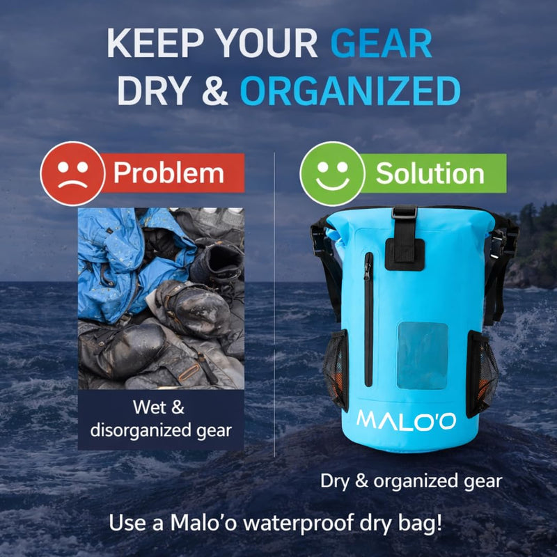 Malo’o 30L Waterproof Dry Bag Backpack – Roll Top Heavy Duty 500D PVC Dry Pack with Padded Straps, IPX6 Waterproof, Keeps Gear Dry for Kayaking, Fishing, Beach, Camping & Travel Dark Blue 30l Dry Backpack