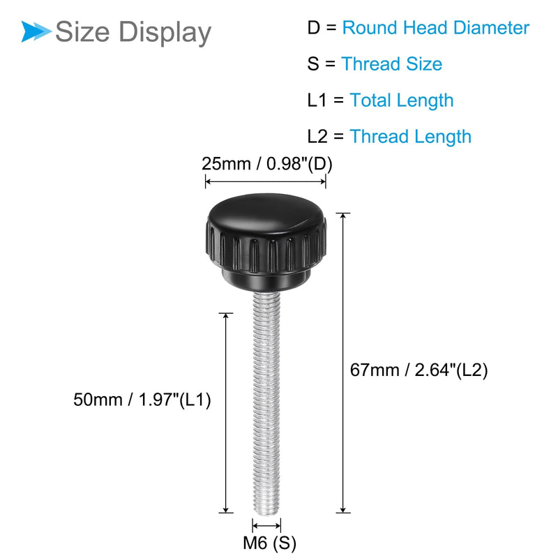 [Australia - AusPower] - Thumb Screw Knurled Knobs, M6 x 50mm Male Thread, Black Round Head Clamping Screw Threaded Stud Hand Knobs Grip, (Applications: for Machinery Lathes), 20-Pieces 
