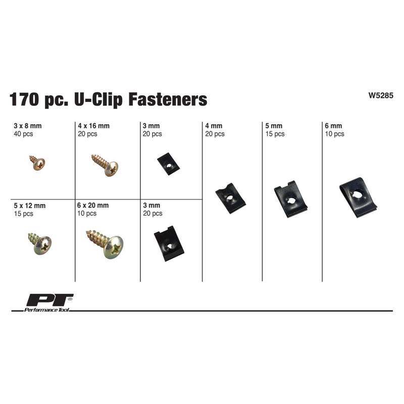 [Australia - AusPower] - Performance Tool W5285 170 pc. U-Clip Fastener Assortment, Heat-Treated Zinc-Plated Steel, Reusable, Sizes 8-20mm Notched and Un-Notched with Screws and Case, Black 