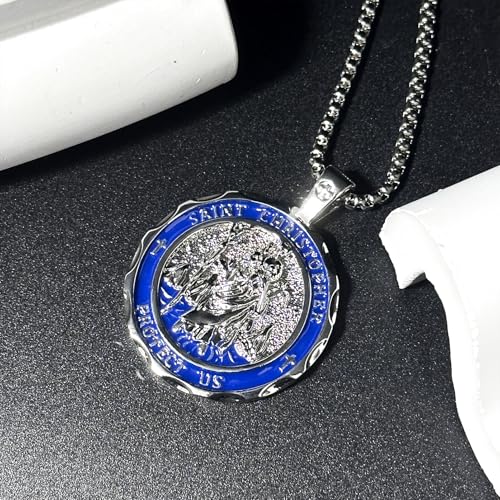 Catholic Saint Medal Necklace Religious Pendant Collection Saint Christopher Round - Silver Blue