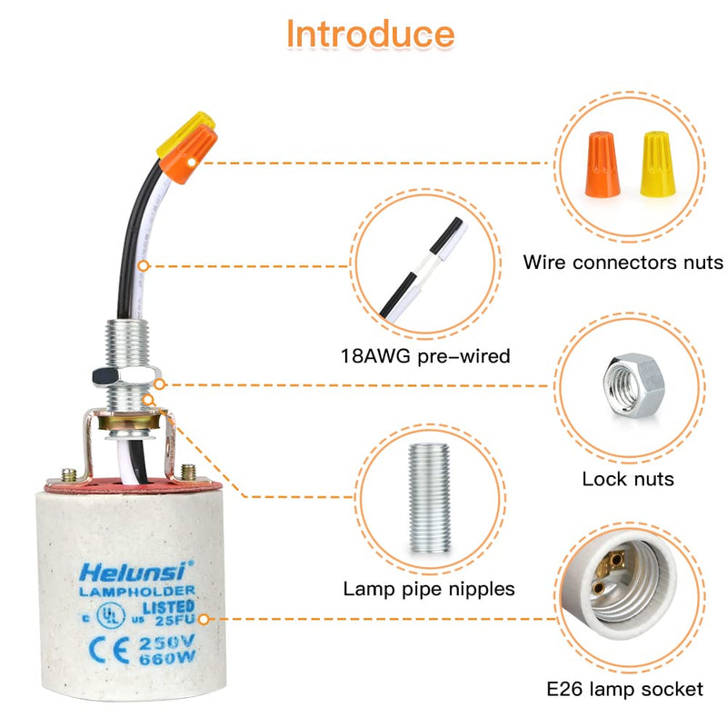 [Australia - AusPower] - E26 E27 Ceramic Light Socket, Helunsi Medium Base Porcelain Lamp Holder, Ceramic Light Bulb Socket with 12" Wire Lead, Medium Base Lampholder for Incandescent Led Light Bulbs Replacement (Pack of 4) Conventional Ceramic 
