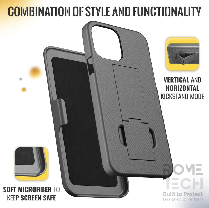 [Australia - AusPower] - Rome Tech Holster Case with Belt Clip for Apple iPhone 13 6.1" (2021) - Slim Heavy Duty Shell Holster Combo - Rugged Phone Cover with Kickstand Compatible with iPhone 13 - Black 