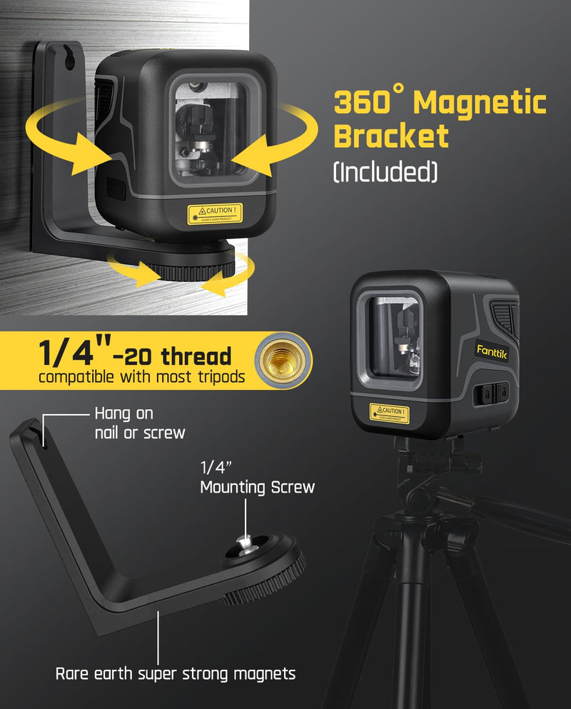 [Australia - AusPower] - Fanttik D2 Laser Level, 100 ft Self-Leveling Green Cross Line Laser, USB-C Rechargeable, Rotatable 360 Degree, Pulse Mode, Magnetic Bracket, Carrying Pouch, for Picture Hanging and Home DIY - Black 