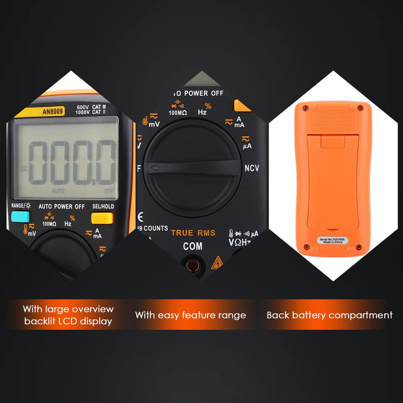 [Australia - AusPower] - AN8009 Auto Ranging Digital Multimeters LED 9999 Count True RMS AC/DC Voltage HFE Electronic Meter Voltage Current Amp Resistance Diodes Continuity for Automotive 