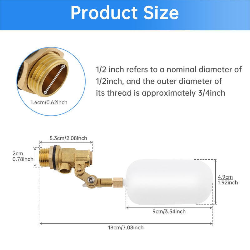 [Australia - AusPower] - 2 Pcs 1/2 Inch Brass Float Valve, Automatic Water Level Control High Pressure Adjustable Arm Over 180 degreesfor Water Tanks, Fountain Float, Livestock Troughs 