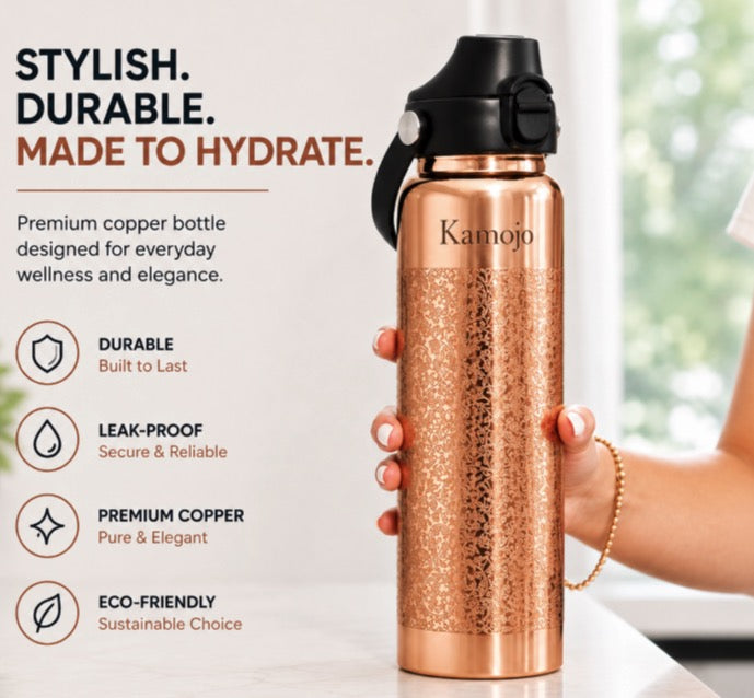 Kamojo Pure Copper Water Bottle for Drinking – Etched Handcrafted Design, Flip-Top Push Button Lid, Copper Straw & Insulating Sleeve – Ayurvedic Cup