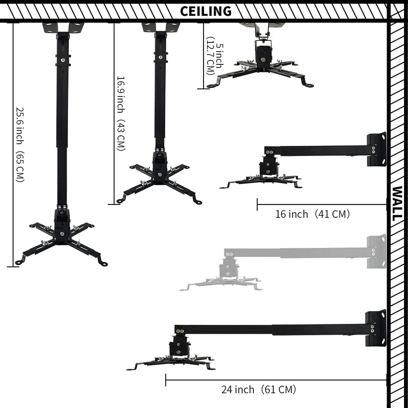 [Australia - AusPower] - Projector Mount Wall or Ceiling Projection Mount Bracket with Adjustable Height and Extendable Arms Mount for Home and Office Projector 
