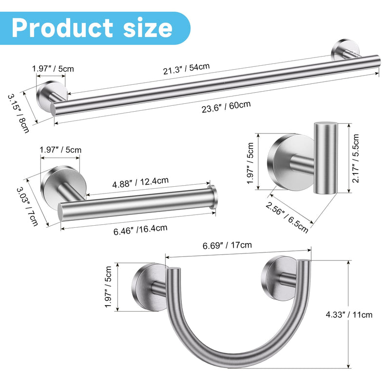 Brushed Nickel Towel Bar Set, 5-Piece Bathroom Hardware Accessories Set with Smiley Face Towel Rings, Stainless Steel Wall-Mounted Towel Holder Set for Bathroom,23.6 Inch Brushed Nickel
