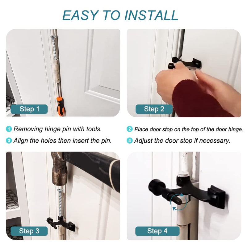 [Australia - AusPower] - 4 Pack Hinge Pin Black Door Stopper, Adjustable Heavy Duty Hinge Pin Door Stop with Black Rubber Bumper Tips 4 Matte Black 