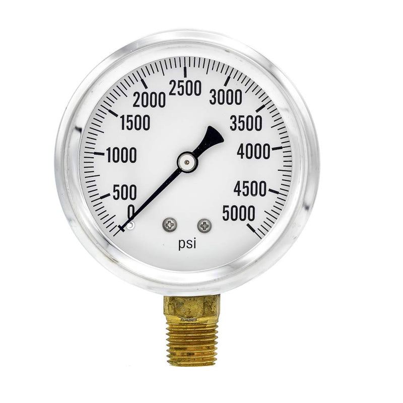 [Australia - AusPower] - PIC Gauge S201L-254R 0-5000 PSI Pressure Gauge, 2 1/2" Dial, 1/4" Male NPT Connection, Bottom Mount, Single Scale, Glycerin Filled, Stainless Steel Case/Bezel, Brass Internals & Plastic Lens 0 - 5,000 PSI 
