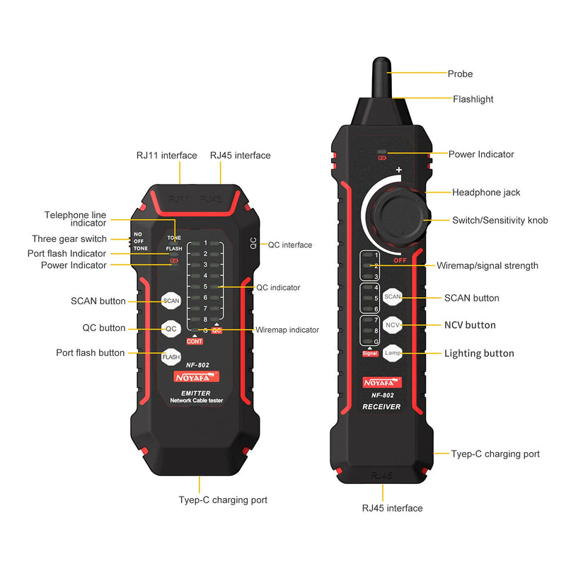 [Australia - AusPower] - NOYAFA NF-802 Extended Cable Tester with PoE Multifunction Wire Tracker Network Cable Tester for LAN CAT5 CAT6 Tracker 