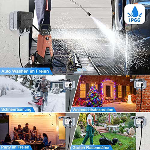 Outdoor Socket Waterproof IP66 2-Way with Switch and Indicator Light | Surface-mounted wall socket 16 A earthing contact garden socket with hinged lid for garage patio wet room outdoor Double socket with switch