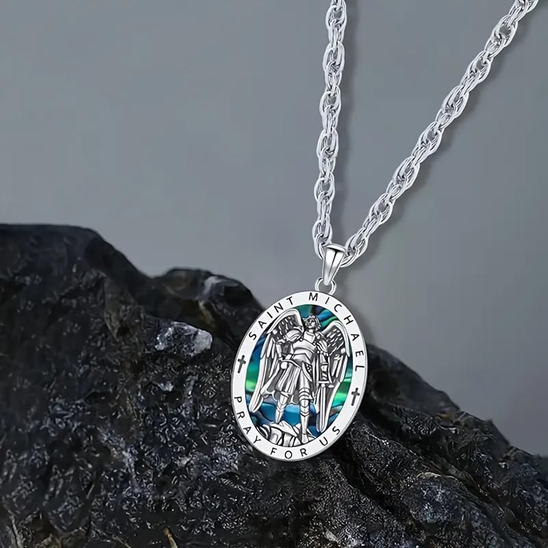 Saint Michael Necklace - St. Michael Archangel Pendant with Prayer Inscription, Stainless Steel Religious Jewelry for Men and Women, Protective Amulet with Abalone Shell Inlay