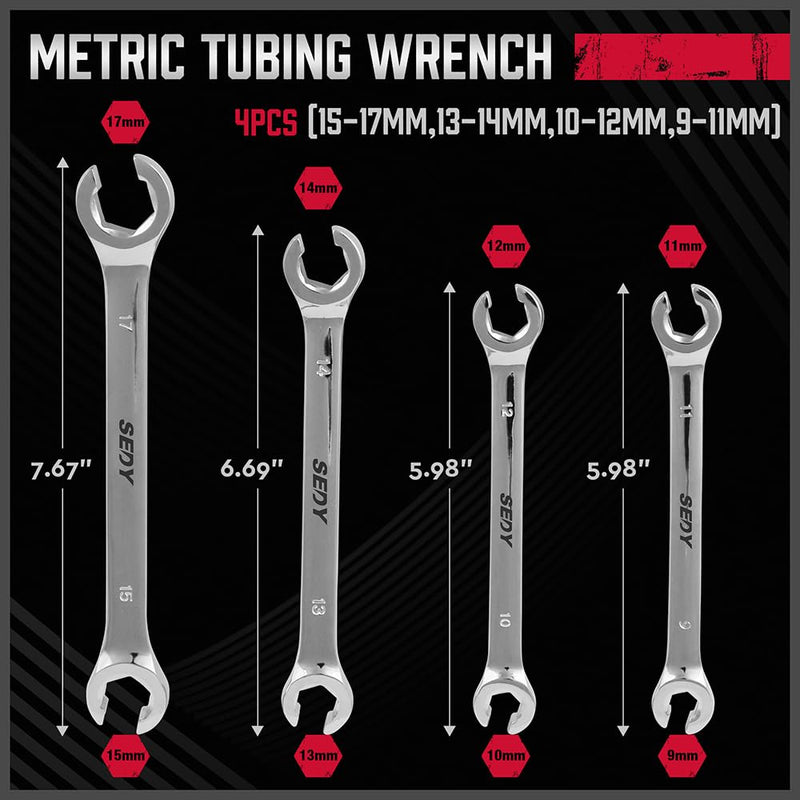 [Australia - AusPower] - SEDY 4-Piece Flare Nut Wrench Set, Offset End Spanner Metric 9 10 11 12 13 14 15 17mm, CR-V Steel Storage Pouch Repair and Remove Nuts on Fuel Tube Hose Transmission Line 