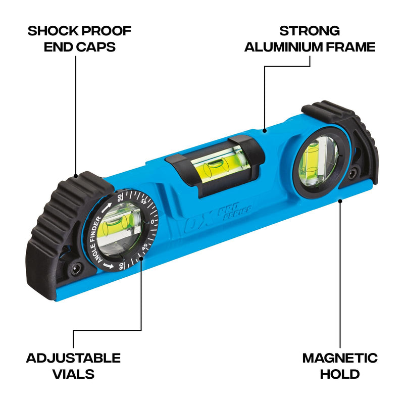 [Australia - AusPower] - OX Tools Pro 10 inch Magnetic Torpedo Level - Adjustable 3-Vial Aluminum Level with V-Groove Base - PVC Shock Absorbing End Caps with Angle Finder Vial - OX-P027210 