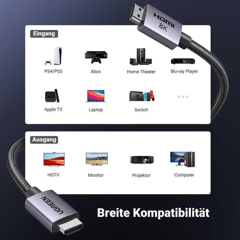 UGREEN HDMI 2.1 Cable, 8K@60Hz, 4K@240Hz, HDMI Certified, 48Gbps, 2M | Aluminum Housing, Nylon Braid, HDR, eARC, VRR, ALLM, Dolby Atmos, Compatible with PS5, TV, PC, Laptop, Monitor, Projector 2.0 Meter