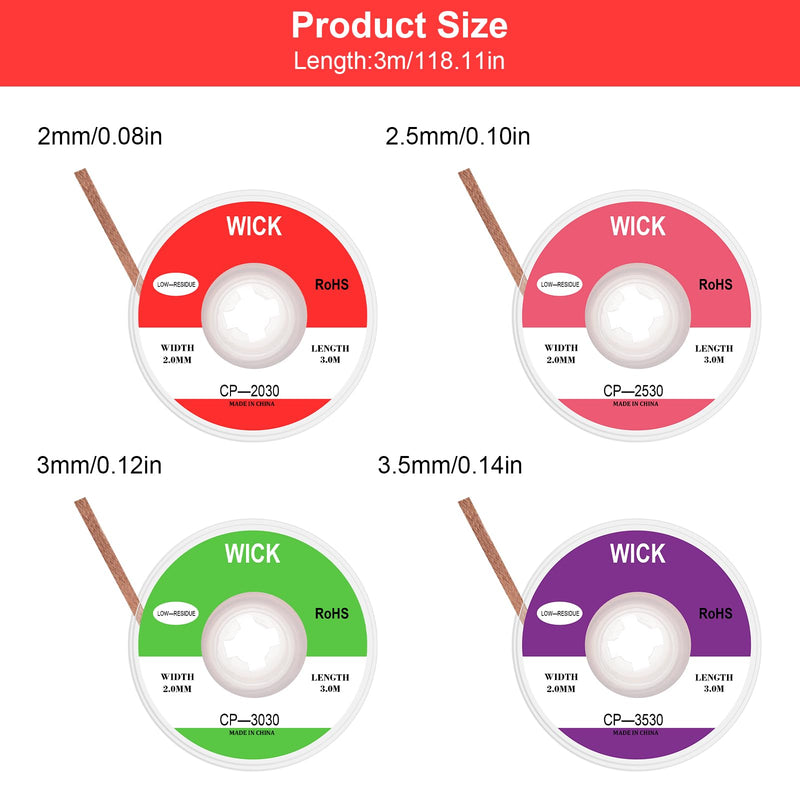 Desoldering Wire, Pack of 4 Pure Copper Desoldering Wire, Soldering Braid 2 mm 2.5 mm 3 mm 3.5 mm, Wick Strands for Desoldering, No-Clean Soldering Desoldering Wire, Soldering Accessories for Clean Removal of Solder