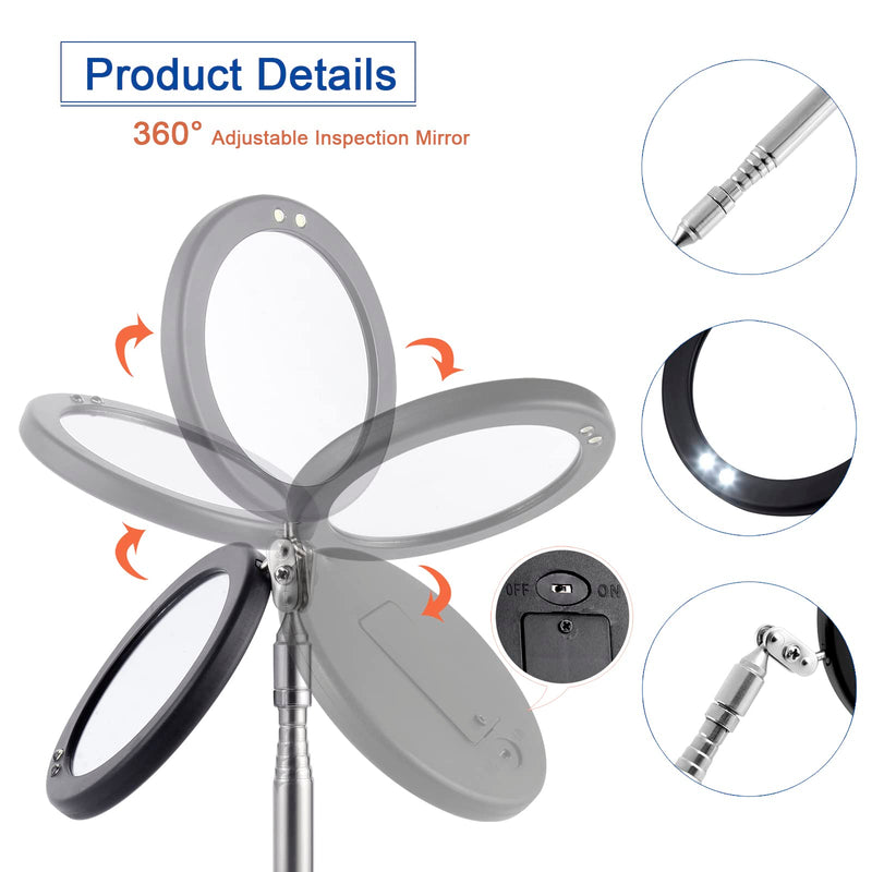 [Australia - AusPower] - Rechabite Telescoping Inspection Mirror LED Light with Large 3.75 Inches Round Mirror, 39.4 Inches Extendable, Flexible 360 Swivel, for Inspection Viewing, Mechanic Checking, Observation 3.75" Round 