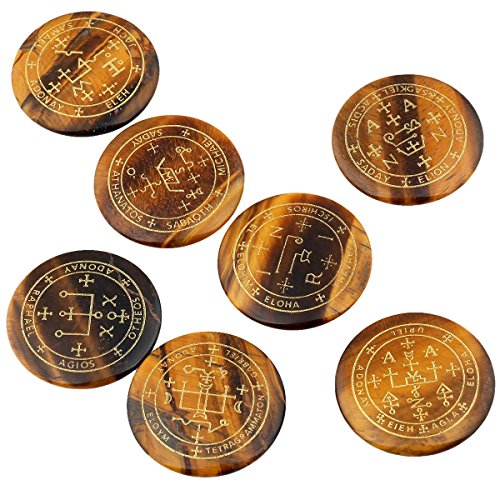 rockcloud 7PCS Tiger's Eye Engraved Magic Circle Round Healing Crystal