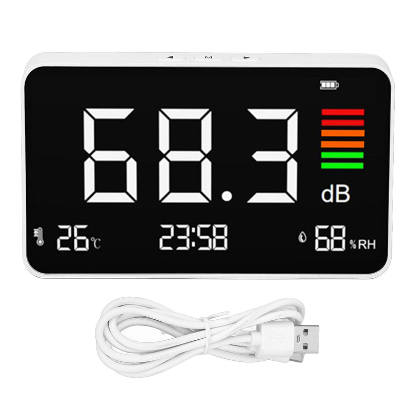 Decibel Measuring Desktop Tester with LED Display, 30 to 130 dB Sound Level Meter Display Noise, Temperature and Humidity, Noise Meter for Home, Studio, Factory