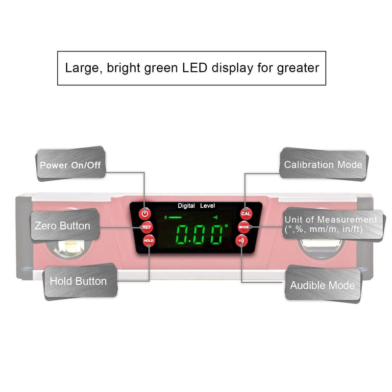 [Australia - AusPower] - 10-Inch Digital Torpedo Level and Protractor | Neodymium Magnets | Bright LED Display | V-GROOVE MAGNETIC BASE | IP54 Dust/Water Resistant smart level with Carrying Bag Red 