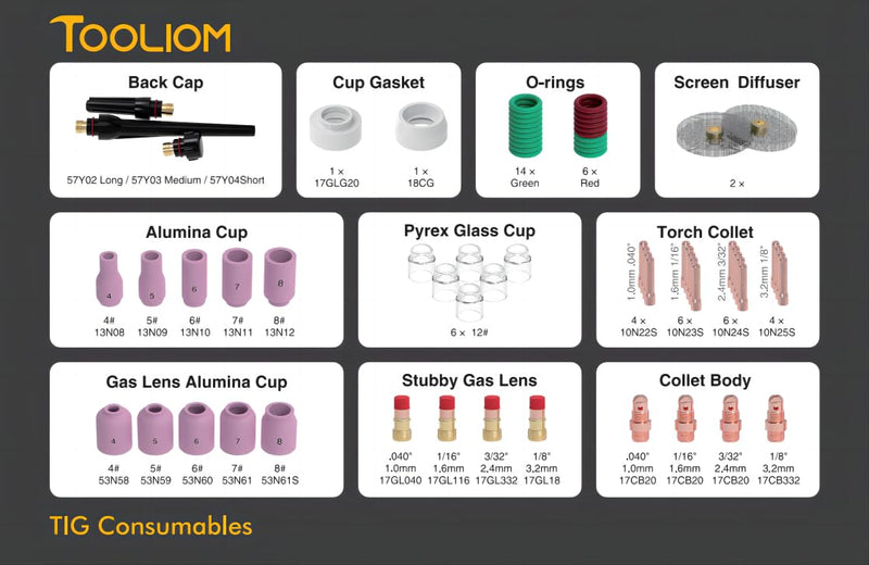 TOOLIOM 71Pcs TIG Welding Torch Accessories Kit Stubby Gas Lens Glass Cup Ceramic Cup Back Cap Kit for WP-17/18/26