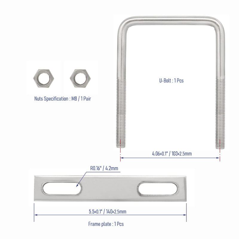 [Australia - AusPower] - 304 Stainless Steel Square U-Bolts 3-3/4"(95mm) Inner Width, 4.72"(120mm) Length Stainless M8 with Nuts, Frame Plate, Accessories for Automobiles Trailer, Boat Trailer Industrial Parts 95×120mm (W*L) 