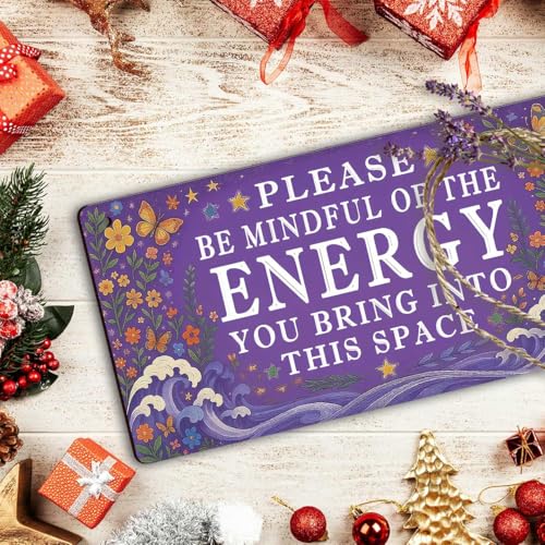 Spiritual Wall Decor Positive Energy Sign - Please Be Mindful of the Energy You Bring Sign -Good Vibes Only Signs Zen Decor for Home, Yoga Room, Meditation Space, Bedroom Door Hanging Signs 12x6 Inch
