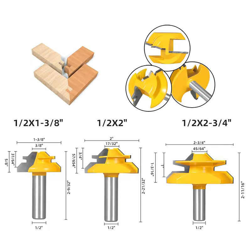 TOTOWOOD 45 Degree Lock Miter Router Bit 3-Piece Set, for 31/64", 3/4"，1"，Cutting Height, 1/2 Inch Shank.Woodworking Tools Joint Router Bits 3PCS 1/2 Shank