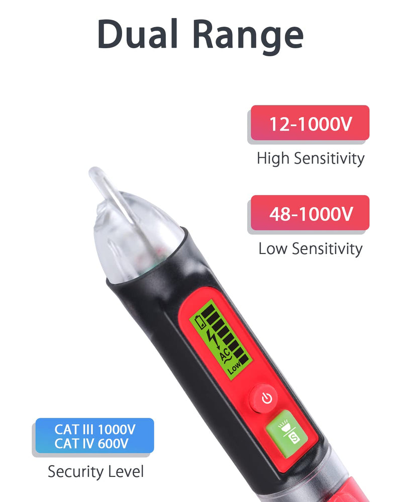 [Australia - AusPower] - Wintact Non-Contact AC Voltage Detector Pen, 12V-1000V/48V-1000V Dual Range, High/Low Adjustable Sensitive, Live/Null Wire Breakpoint Tester with Flashlight, LCD Flashing Audible Buzzer Alarm 